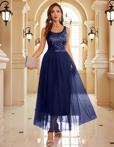 Image of BeryLove Sequin Dress for Woman Vintage A Line Wedding Formal Swing Mesh Dress Sleeveless Cocktail Maxi Gowns