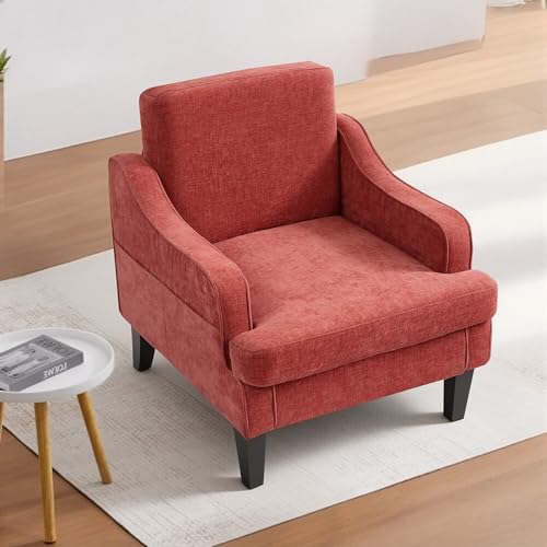 Image of Accent Chair for Living Room,Mid-Century Arm Chair Chenille Fabric Living Room Chairs,Upholstered Reading Chair for Bedroom,Single Sofa Chair with Wood Legs for Apartment (Orange)
