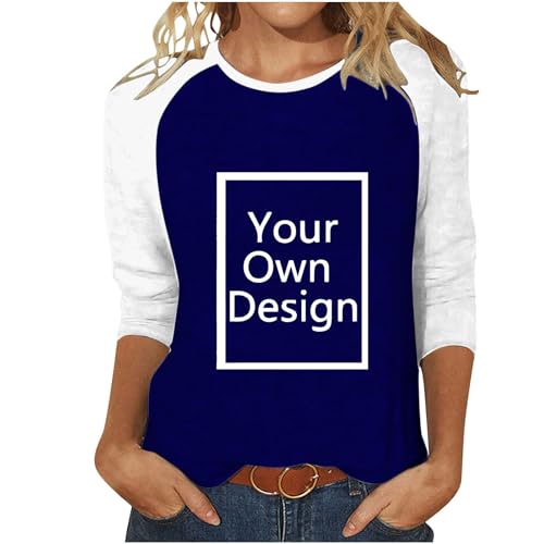 Custom Shirt, Your Own Design Text/Photo/Image/Logo Women Printed Tshirt Patchwork 3/4 Sleeve Blouse Tops Mid Length Tees Plus Size Casual Customized Clothes Fall Outfits for Womens 2025 Blue