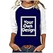 Custom Shirt, Your Own Design Text/Photo/Image/Logo Women Printed Tshirt Patchwork 3/4 Sleeve Blouse Tops Mid Length Tees Plus Size Casual Customized Clothes Fall Outfits for Womens 2025 Blue