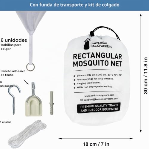 Malla mosquitera para cama doble en color blanco con forma rectangular y 4 aberturas laterales 6