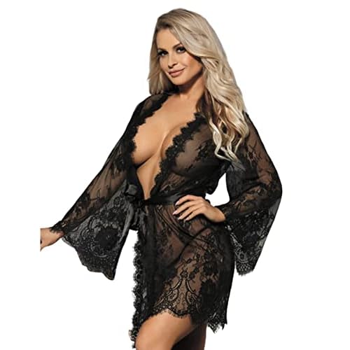 ohyeahlady Damen Kimono Spitzen Robe Volant Langarm Transparent Weiter Ärmel Morgenmantel Reizwäsche Nachtwäsche Bademantel Dessous Set mit G-String Gürtel Große Größen(Schwarz,3XL-4XL)