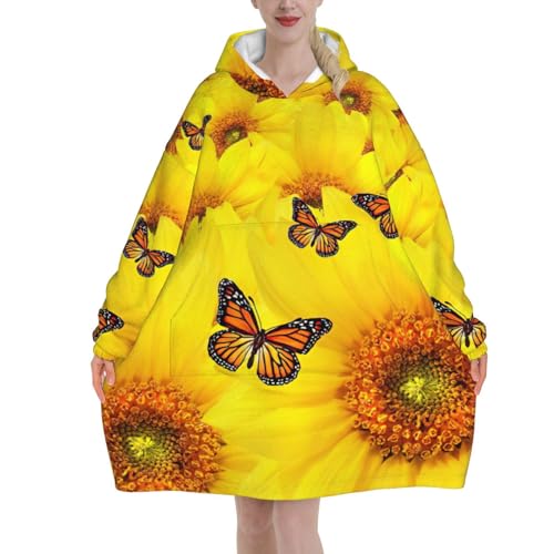 Couverture à capuche fleurs jaunes en flanelle avec manches et poche