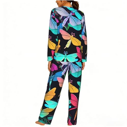 Pyjama extensible femme manches longues doux imprimé libellules mignonnes