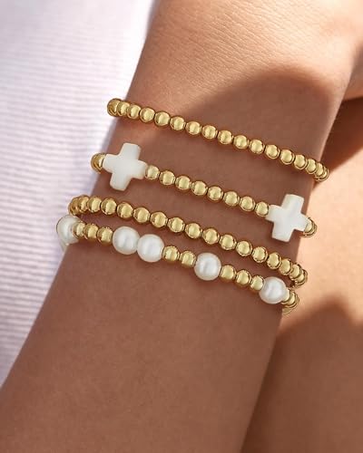HLJEO Dainty Gold Stretch Bracelets for Women - Stackable Pearl & Bead Charm Set - Non-Tarnish Fashion Jewelry - Image 2
