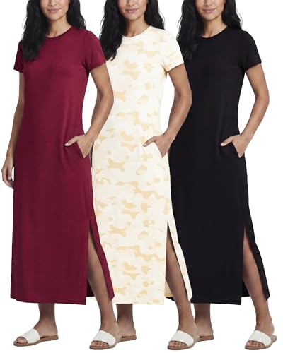 Image of Real Essentials 3 Pack Women's Casual Short Sleeve Maxi T-Shirt Dress with Slit (Available in Plus Size)