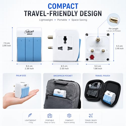 Image of PROSAC 3-Pin Multi Plug Socket with Individual Switch | Universal Travel Adapter for 2-Pin & 3-Pin Devices | 5A-250V Wall Charger with Safety Shutter, Fuse & Indicator | Pack of 1