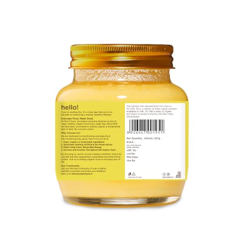 Image of Pure & Sure Organic A2 Desi Ghee 500 ML | 100% Pure Cow Ghee | Made by Traditional Bilona Method | Curd-Churned | Natural Immunity Booster & Other Benifits (Glass Jar)