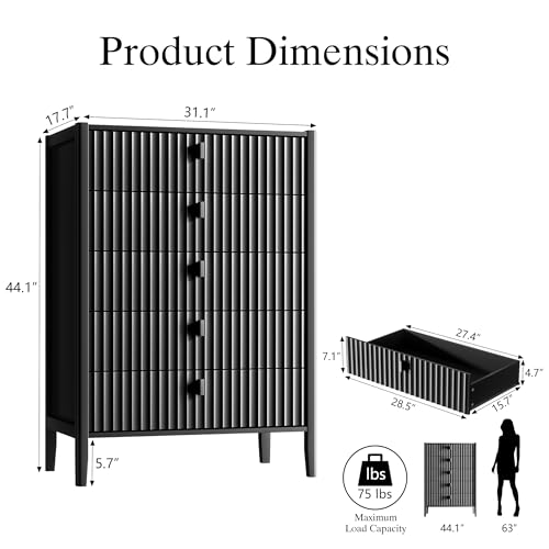 Image of Furniway Black 5 Drawer Dresser, 31.5 inch Wide Modern Chest of Drawers with Fluted Front and Metal Handles, Storage Dresser for Bedroom, Living Room, or Entryway