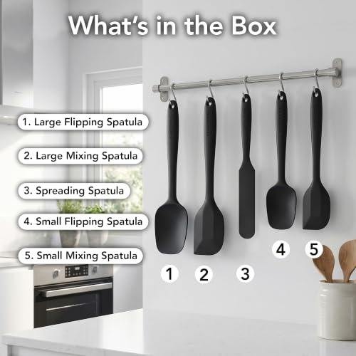 Image of OVENTE Silicone Spatula Set of 5, Heat Resistant, Black SP12305B | Food Grade Rubber Spatula, BPA-Free and Dishwasher Safe, Nonstick Kitchen Utensils for Baking, Cooking and Mixing