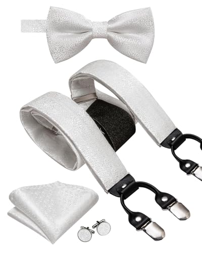 Image of Hi-Tie Men Suspender Bowtie Set Suspenders Pre-tied Bow Tie Pocket Square Cufflinks Adjustable Y Shape 6 Clips Braces Tuxedo