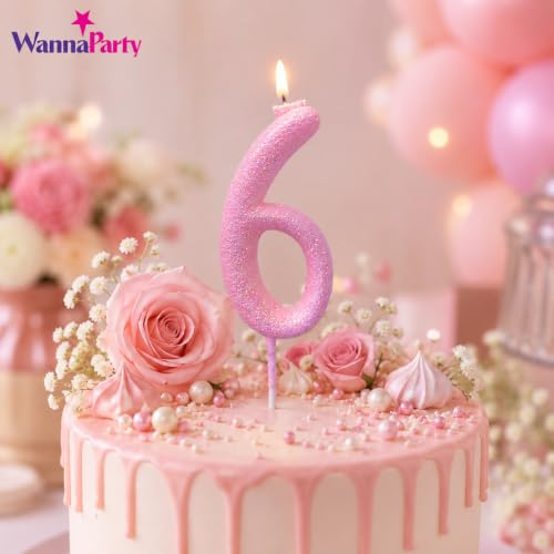 Image of Wanna Party Glitter Designer Pink Number 6 Birthday Candle, Numerical Cake Candle for 6th Birthday, Cake Cutting, Party Decoration & Celebration Supplies - 1PC