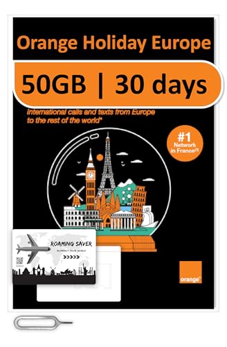 Image of Orange Holiday Europe Prepaid Sim 50GB Internet Data | 30 Days-Use | Data tethering Allowed | 120min & 1000 SMS from Europe to Any Country Worldwide+1 Sim Card Holder+1 Pin