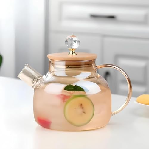 Image of Glass Tea Pot 1000ml with Wooden Lid & Stainless Steel Infuser | Golden Transparent Tea Kettle for Loose Leaf, Green, Herbal & Black Tea | Heat Resistant Teapot