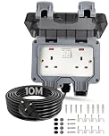 Outdoor Socket With 10m Extension Lead - IP66 Waterproof Double Socket With Switch Indicator Light - 13Amp Weatherproof Wall Electrical Outlet Box for Garden, Garage, Yard