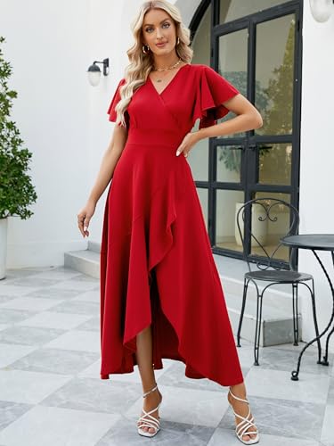 Image of Long Black Formal Dresses for Women Gowns Evening Party Cocktail Dress,Split Elegant V Neck Wrap Ruffle Wedding Guest Dresses