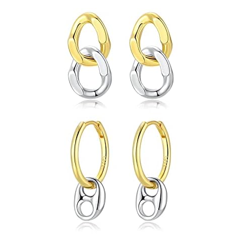 2 Unique Style Gold Hoops Earring and Silver Studs Earring Set for Women Chain Link Stud Drop Earrings 14K Gold and White Gold Plated Hypoallergenic Chunky Gold Earrings Hoops for Gifts Jewellery Special Design Cover