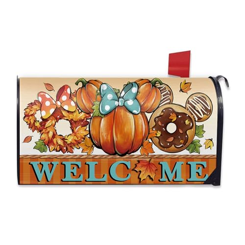 Image of Welcome Fall Mailbox Cover Magnetic Standard Size 21 inchx19 inch, Autumn Pumpkin Wreath Doughnut Decorative Post Letter Box Wrap Decor, Thanksgiving Garden Yard Outdoor Decoration