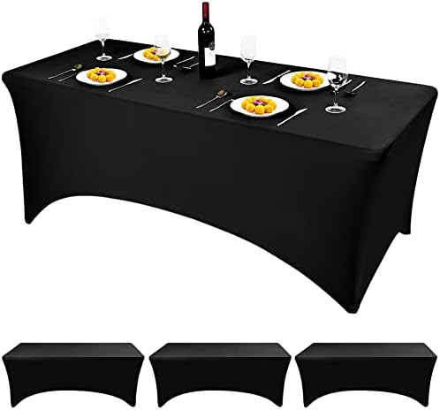 3 Packs Black Spandex Table Cover 6ft Polyester Fitted Rectangular Table Cloth Stretchable Elastic Spandex Table Cover, Wedding Party Banquet Cocktail Craft Exhibitions Washable Table Cover