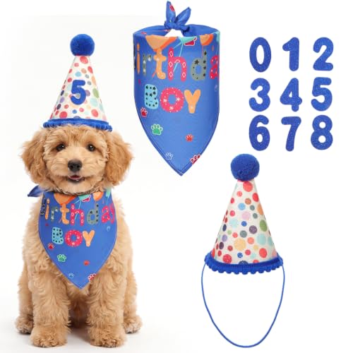 Cobee Dog Birthday Bandana Hat Set Reusable Pet Party Headwear Accessories Adjustable Party Hat Scarf with Glitter Numbers for Puppy Cat Celebration