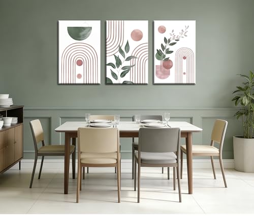 Image of Frimeeme Framed Large Boho Pink and Green Canvas Print Set of 3,16x24 In | Abstract Leaves Geometry, Ready to Hang