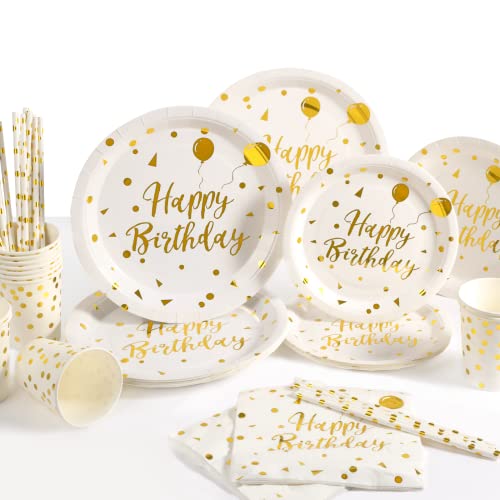 Yidaxing 120PCS Vaisselle Jetable Anniversaire Assiettes Or Blanche, Vaisselle Pailles en Papier et Serviettes Gobelets, Fete Anniversaire Vaisselle Blanche...