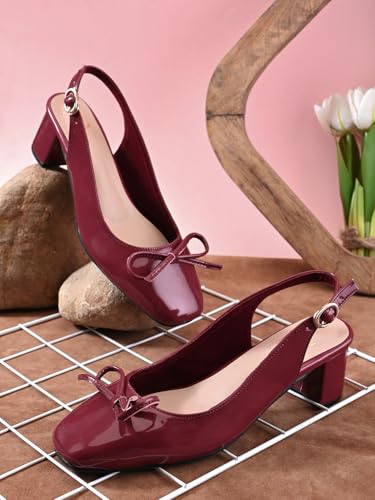Image of XE Looks Women's Glossy Slingback Heels | Elegant Bow Design | Comfortable Square Toe Sandals for Girls & Women