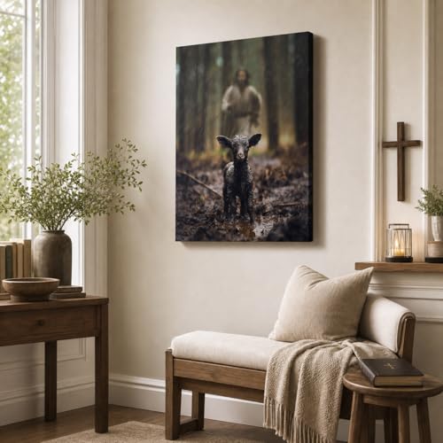Image of GUN SUPPLIES OUTLET LLC Jesus and Lamb Canvas Wall Art Black Sheep Lost Picture Wall Art Canvas Print Christian Home Decor 12x16 inch