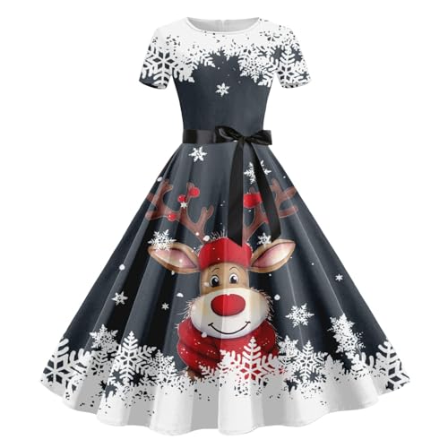 Weihnachtskleid Damen Hepburn Kleider, Vintage Lustig Weihnachtskleider 50er Jahre Große Größen Kurzarm Kleid XXL Knielang Midikleid Druck...