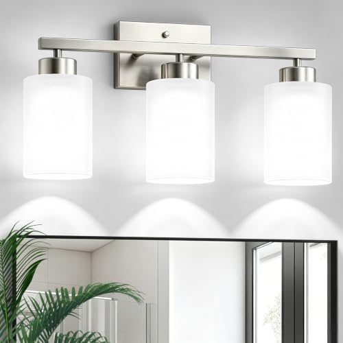 Image of IZORRO Bathroom Light Fixtures, Modern Vanity Lights, Bathroom Lighting Fixtures Over Mirror with Milky White Shade, Wall Sconce for Living Room Cabinet Bedroom (Brushed Nickel, 3-Light)