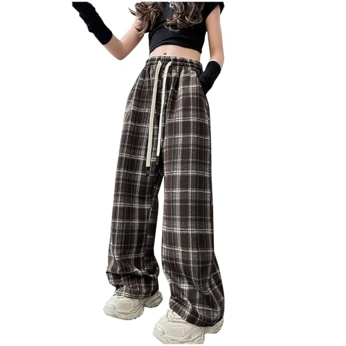 Girls Plaid Wide Leg Pants Kids Trendy Streetwear Hip Hop Dance Cotton Sweatpants Youth High Waist Active Cargo Pants