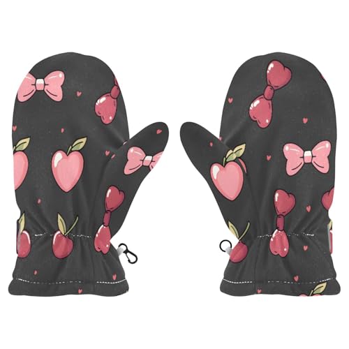 Kid's Winter Gloves Children Warm Gloves Cherry Heart Black Background for Boys Girl Age 4-6 Years