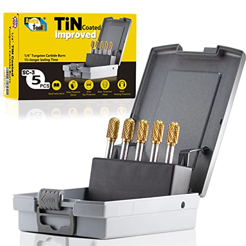 Image of SC-3 5pcs Tungsten Carbide Burr TiN Rotary File Cylindrical Ball Nose End Shape Double Cut for Die Grinder Drill Bits 1 /4'' Inch Shank and 3 /8'' Inch Diameter of Cutter 3 /4'' Inch Cutter Length