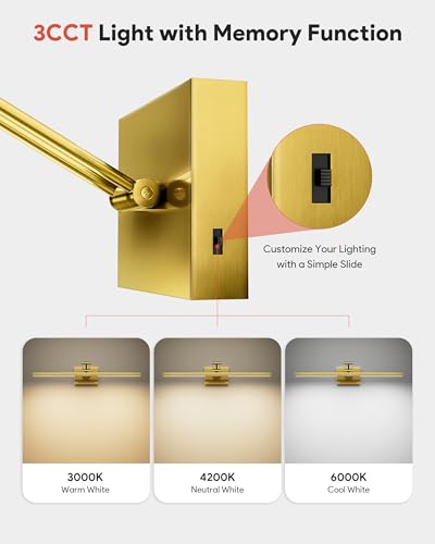 Image of VONLUCE 24 inch Modern LED Bathroom Vanity Light, Brushed Gold | 3CCT, Flicker-free, 360 Rotatable Head & Swing Arm, IP44 waterproof Bathroom Light Fixture Over Mirror for Bathroom, Picture