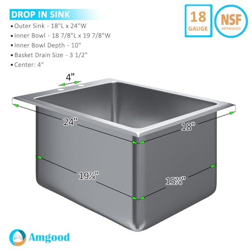Image of Stainless Steel 1 Compartment Drop-In Sink. Bowl 16 in. x 20 in. x 10 in. No Faucet