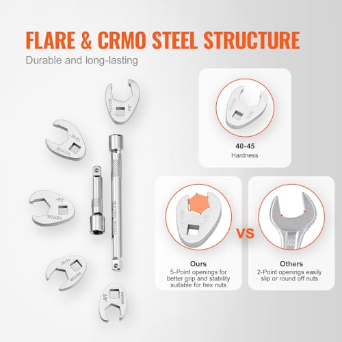 Image of VEVOR Crowfoot Wrench Set, 3 /8 inch Drive 24-Piece Crows Foot Wrench Set with 2 Extension Bars and EVA Tool Organizer, SAE 3 /8 inch-1 inch and Metric 10-22 mm, CRMO Steel and Mirror Chrome Finish
