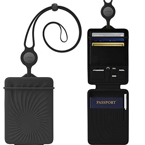 BONE Lanyard Passport Holder, Passport Cover with Travel Gadget Set & Card Slots, Duel-Sided Passport Wallet with Leather & Premium Silicone (Black - Lanyard)