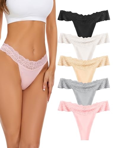 VOENXE Tangas de Mujer Encaje Bragas,Tangas Femenina Pack,Sin Costuras Braguitas,Ropa Interior,para Mujeres,Women Multicolor con Acabado Fino Que No Marca,Suaves y Elásticos Thong Underwear,5 Pack
