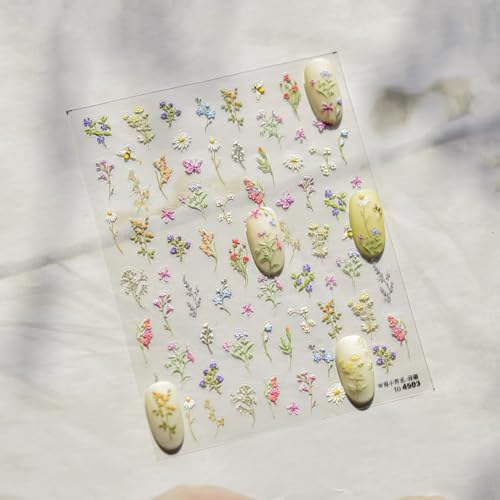 Image of Flower Nail Stickers Floral Leaf Nail Art Decals 5D Embossed Self Adhesive with Designs Spring Summer Plant Nails Art Stickers for Women Girls Kid Manicure Supplies DIY Acrylic Nail Accessories