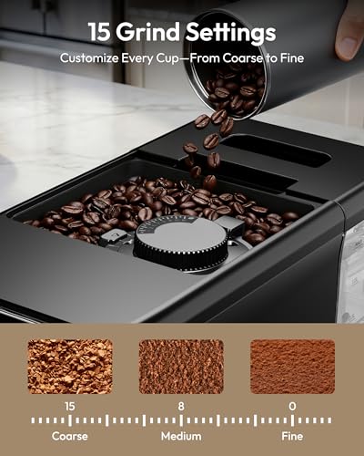 Image of Automatic Espresso Machine, 20 Bar Coffee Maker with Grinder Built in Milk Frother, 15-Grind Settings Fully Automatic Espresso Machine with Touch Screen, Auto Self-Cleaning for Cappuccino & Latte
