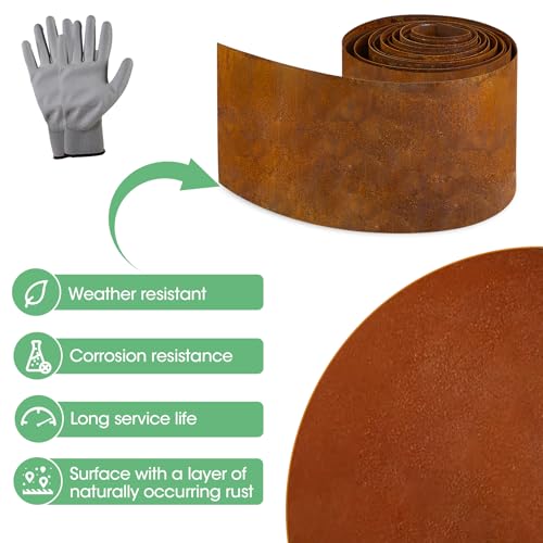 Vehipa Garten Rasenkante aus Cortenstahl 10m, 14cm Höhe Cortenstahl Rasenkante für DIY-Rasen, Rasenkantenband mit Rost inklusive 1 Paar Handschuhe, Rasenkanten Corten-Stahl Beeteinfassung für Garten