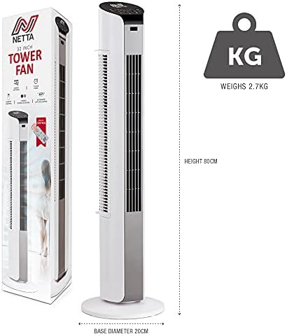 NETTA Tower Fan with Remote Control, 32 Inch Oscillating, 3 Speed Settings With 7 Hours Timer, Bladeless Floor Fan for Bedroom Living Rooms Kitchen Home Office - White