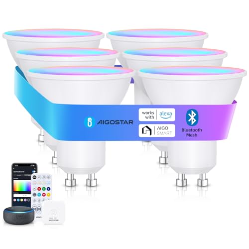 Aigostar Mesh - 6.5W GU10 Lampadine Alexa Bluetooth Mesh, Lampadina Smart Works with Alexa, Lampadina GU10 Smart LED 555LM RGB & CCT(2700K-6500K), 6 Unità (Con Telecomando Bluetooth e Gateway)