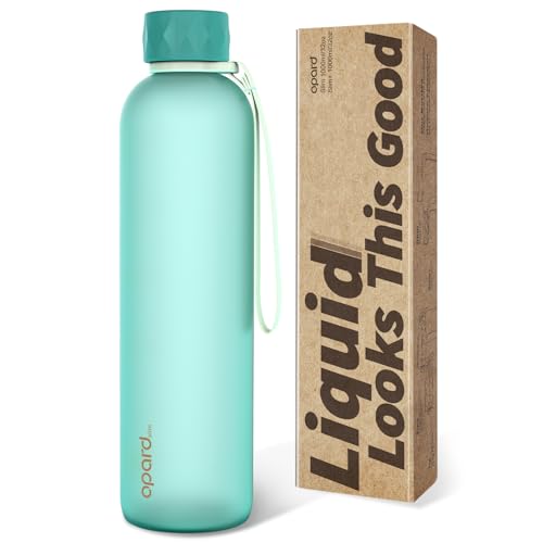 Opard Botella de agua delgada de 32 onzas, botella de agua de plástico sin BPA, monocapa de textura de agarre de goma facetada, tapa de rosca a prueba de fugas, verde aguamarina, reutilizable para