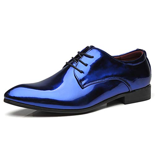 YONGFLY Zapatos de Vestir Formales Elegantes con Punta Puntiaguda para Hombres de Derby, Cordones Oxford de Cuero Formal de Charol, Zapatos de Boda clásicos, Oro Rojo Azul 37-48EU,Azul,46 Cover