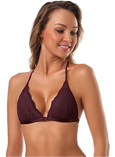 Image of SHEKINI Women's Embroidered Triangle Bra Front Closure Plunge Wireless Lightly Lined Lace Bralette Top
