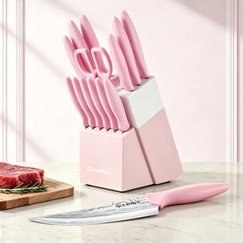 Knife Set - 15 PCS Kitchen Knife Set with Built-in Sharpener Block, German Precision Forged Stainless Steel Blades, Ergonomic Handles, Dishwasher Safe, Pink - image 8