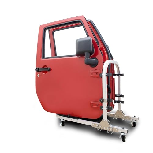 Image of EZ4X4 Aluminum Silver 2-Door Folding Rolling Door Cart, Storage Door Rack Holder Stand fits Wrangler JL JK TJ YJ Patented