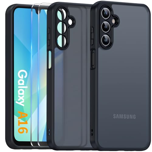 COPIKE Funda Mate para Samsung Galaxy A16 4G / 5G y Protector de Cámara, Carcasa Antigolpes Helada Translúcida Antihuellas con 2 Piezas Cristal Templado, Negro