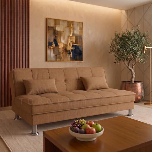 Image of Milan 3 Seater Supersoft Sofa Cum Bed for Living Room & Bedroom | Premium Light Brown Polyster Fabric Foldable Sofa Bed | 6 x 4 Ft Sleeping Sofa | Space Saving Convertible Couch for Home & Guests
